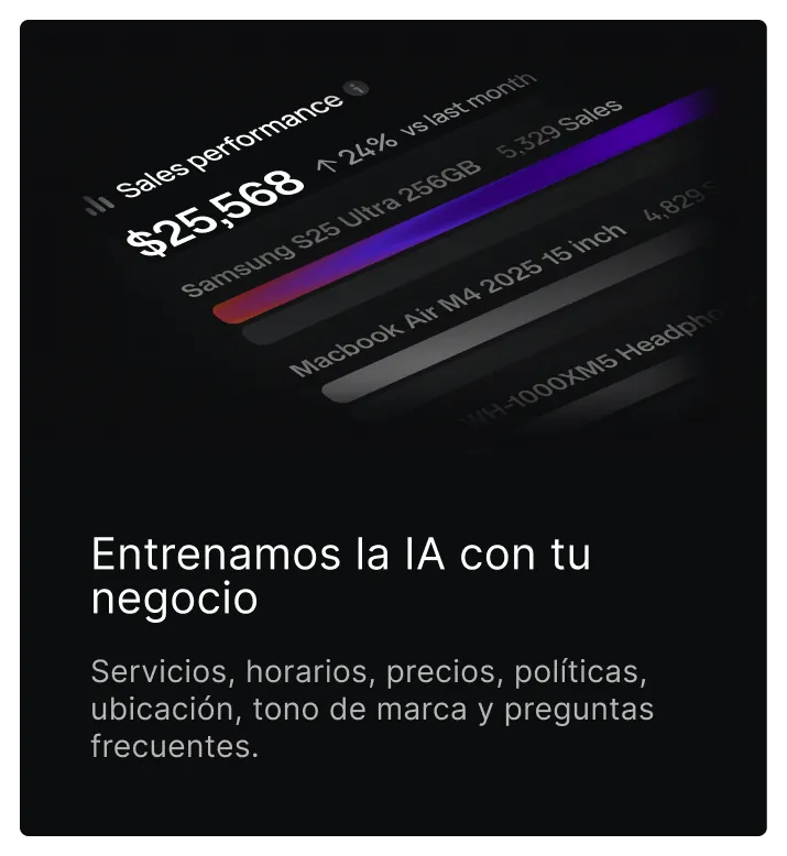 Entrenamos la IA con tu negocio — Servicios, horarios, precios, políticas, ubicación, tono de marca y preguntas frecuentes.