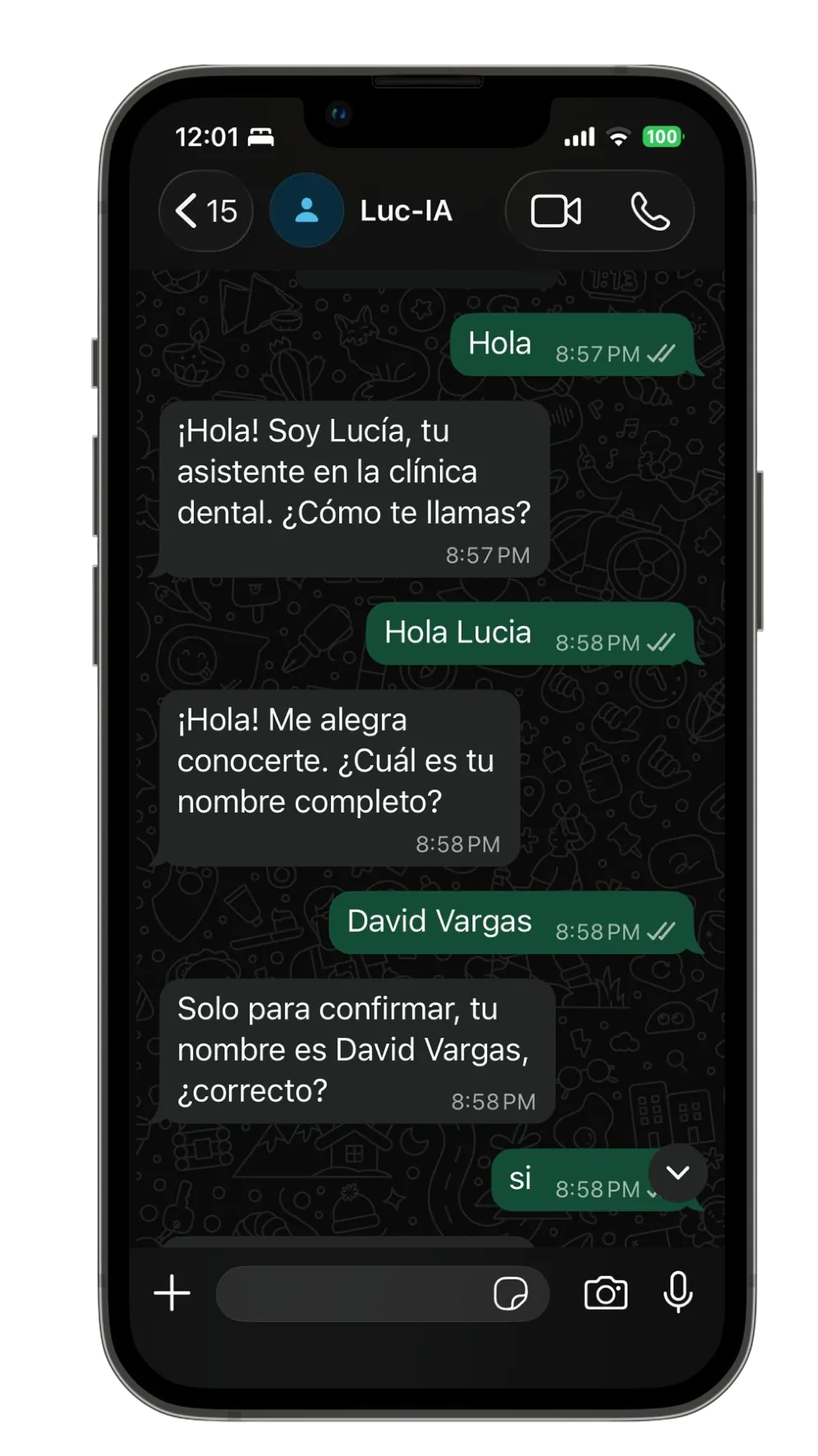 Captura de chat WhatsApp con asistente IA